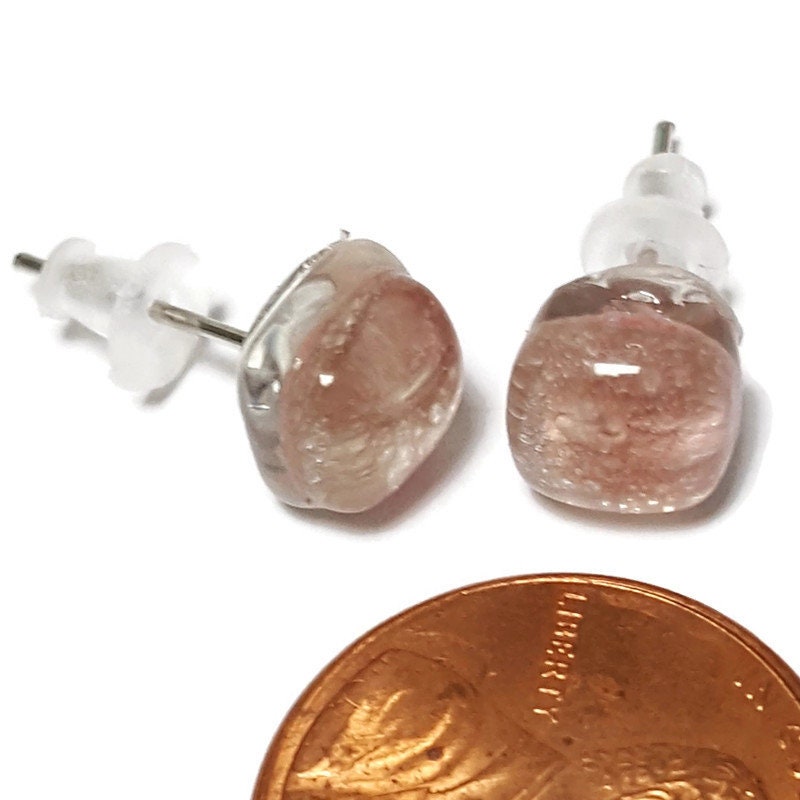 Small square post pale light pink color. Fused Glass Studs. Recycled Glass jewelry. Stud earrings. Fun color.