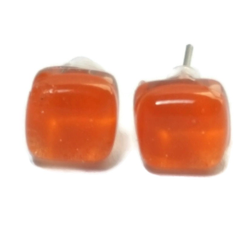 Small square post Orange color. Fused Glass Studs. Recycled Glass jewelry. Stud earrings. Fun color.