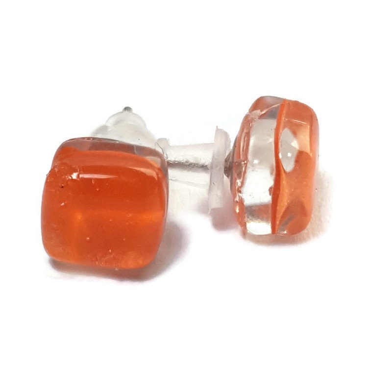 Small square post Orange color. Fused Glass Studs. Recycled Glass jewelry. Stud earrings. Fun color.