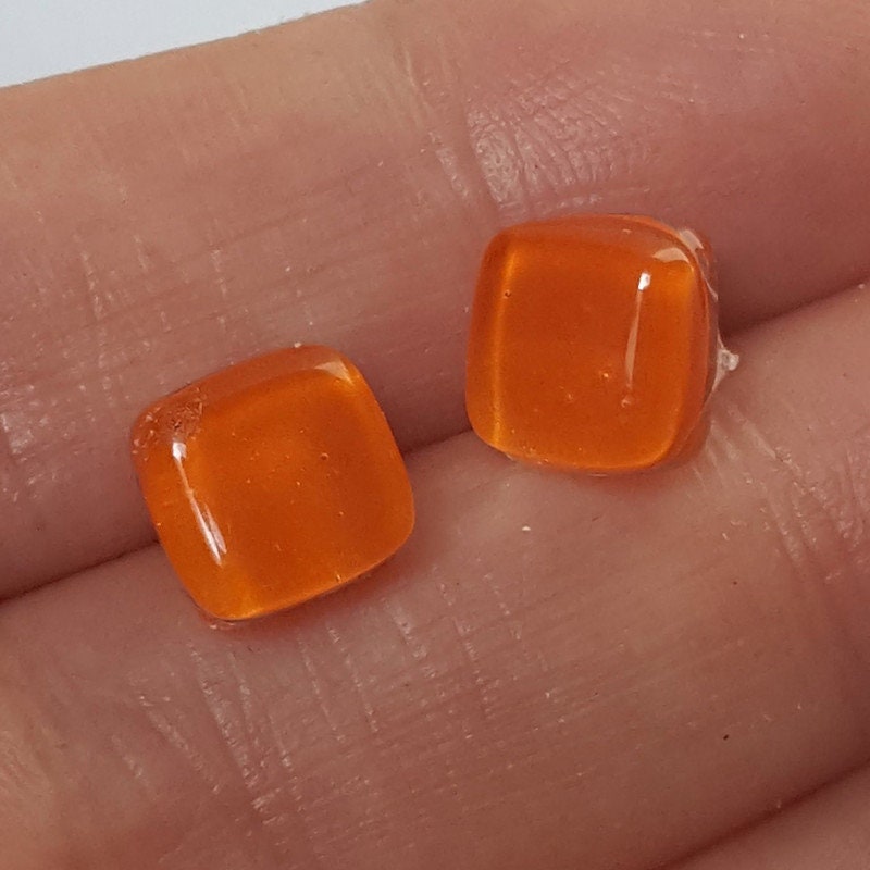 Small square post Orange color. Fused Glass Studs. Recycled Glass jewelry. Stud earrings. Fun color.