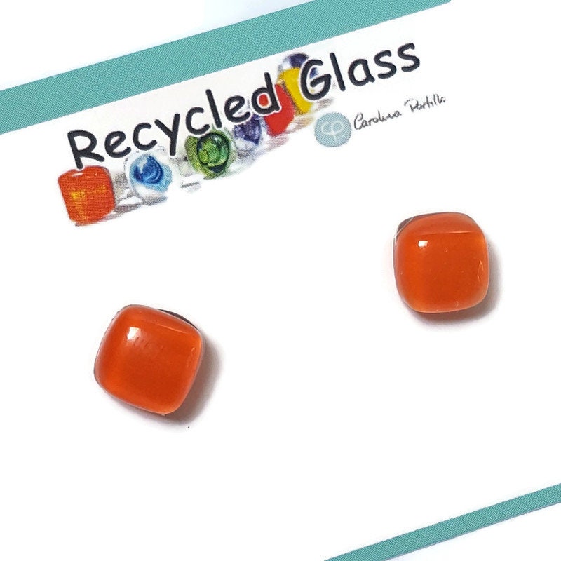 Small square post Orange color. Fused Glass Studs. Recycled Glass jewelry. Stud earrings. Fun color.