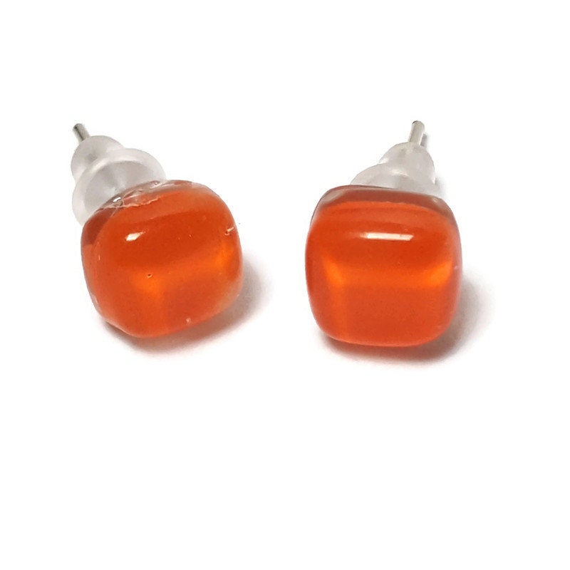 Small square post Orange color. Fused Glass Studs. Recycled Glass jewelry. Stud earrings. Fun color.