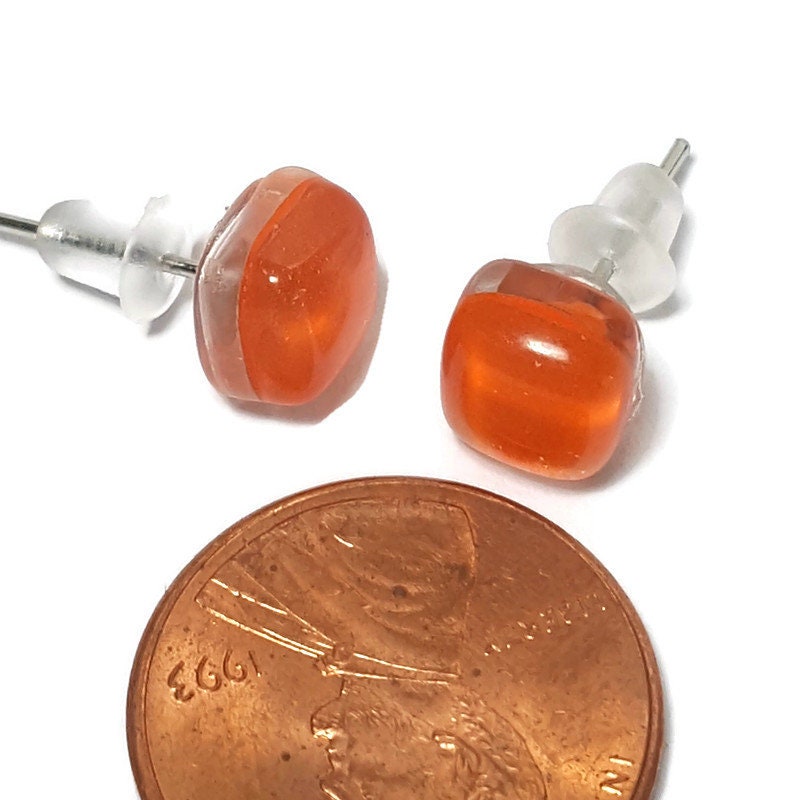 Small square post Orange color. Fused Glass Studs. Recycled Glass jewelry. Stud earrings. Fun color.