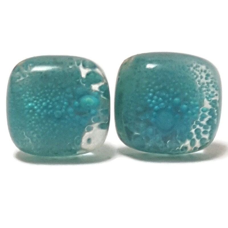 Square post Earrings. Dark transparent teal color with small bubbles. Fused Glass Studs. Recycled Glass jewelry. Stud earrings