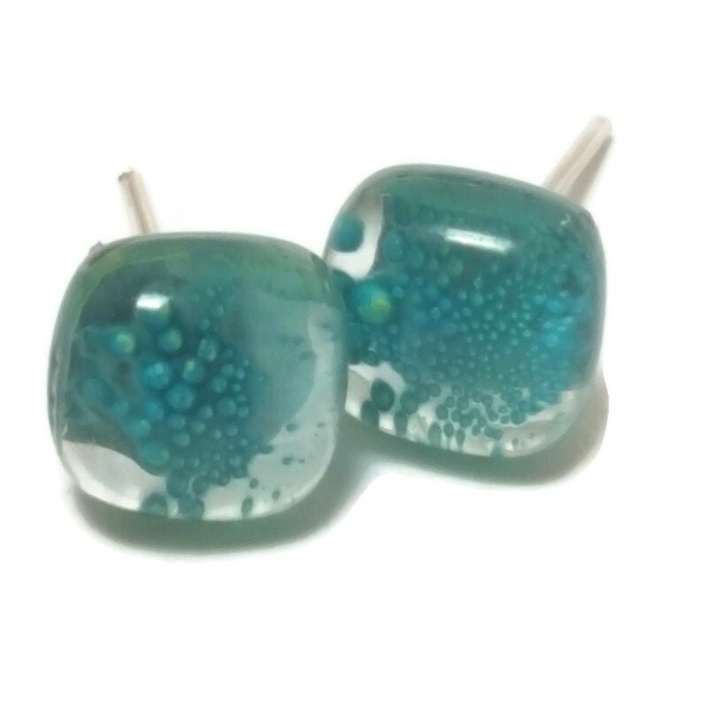 Square post Earrings. Dark transparent teal color with small bubbles. Fused Glass Studs. Recycled Glass jewelry. Stud earrings
