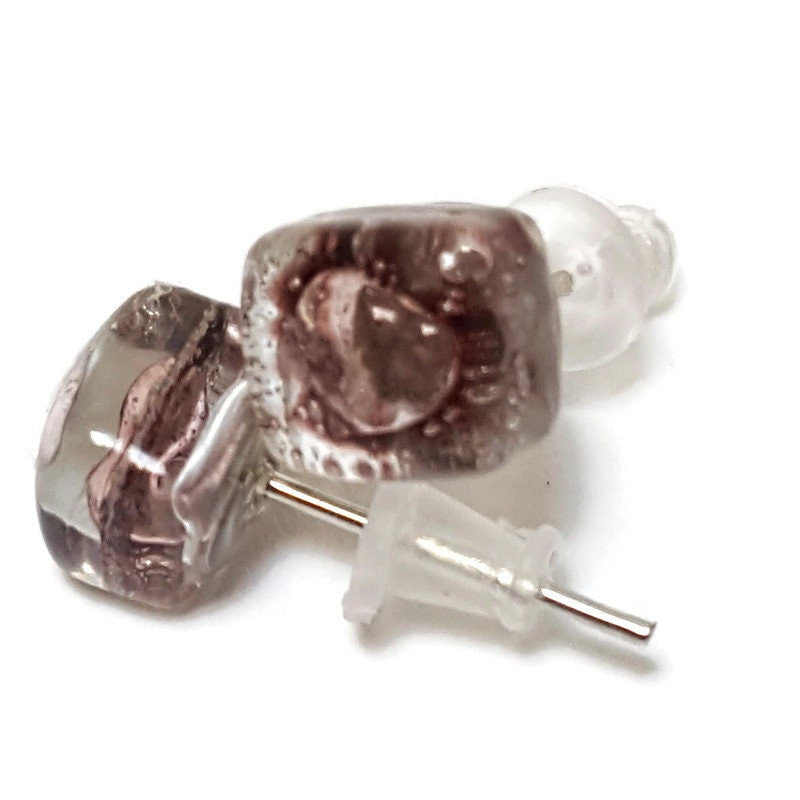 Small Post bubbly purple-brown Earrings. Fused Glass Studs. Recycled Glass jewelry. Stud earrings