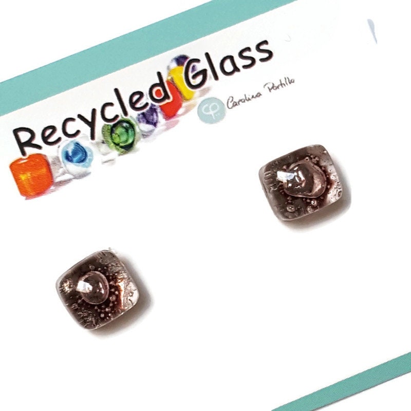 Small Post bubbly purple-brown Earrings. Fused Glass Studs. Recycled Glass jewelry. Stud earrings