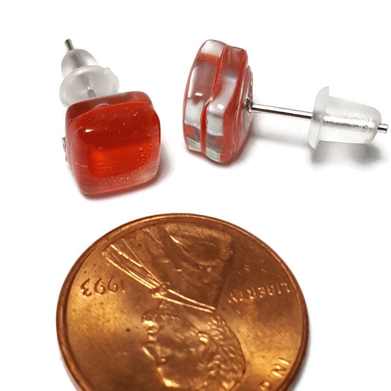 Small square post vibrant red color. Fused Glass Studs. Recycled Glass jewelry. Stud earrings. Fun color.
