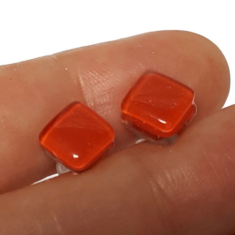 Small square post vibrant red color. Fused Glass Studs. Recycled Glass jewelry. Stud earrings. Fun color.
