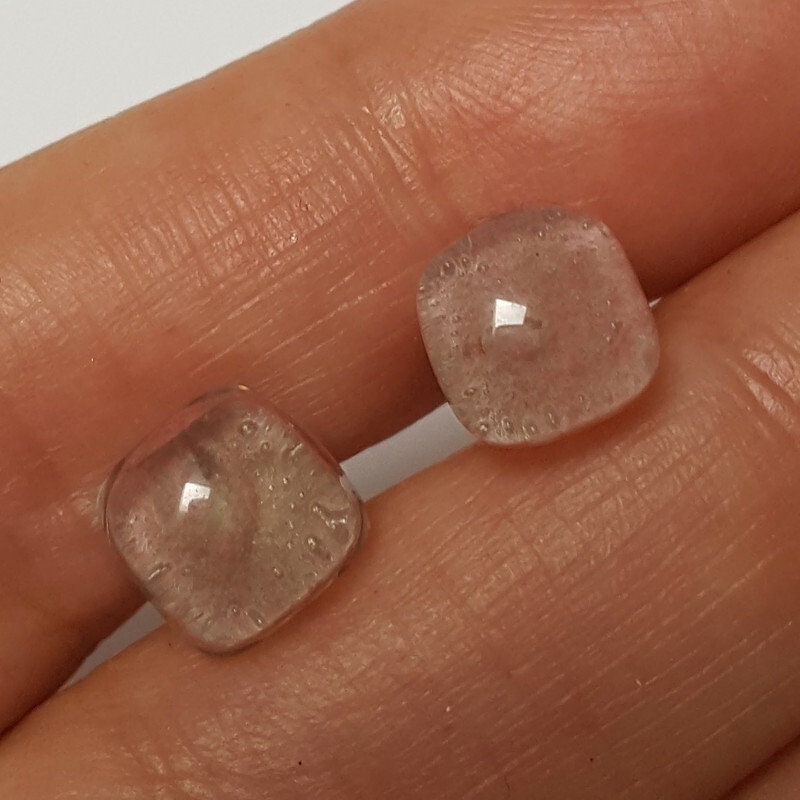 Small square post pale light pink color. Fused Glass Studs. Recycled Glass jewelry. Stud earrings. Fun color.