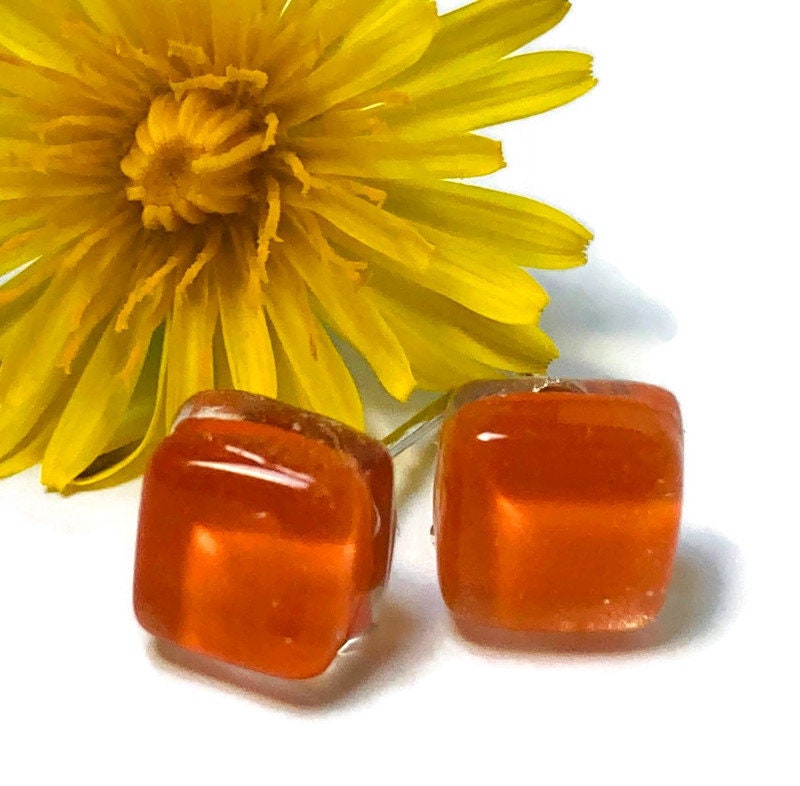 Small square post Orange color. Fused Glass Studs. Recycled Glass jewelry. Stud earrings. Fun color.