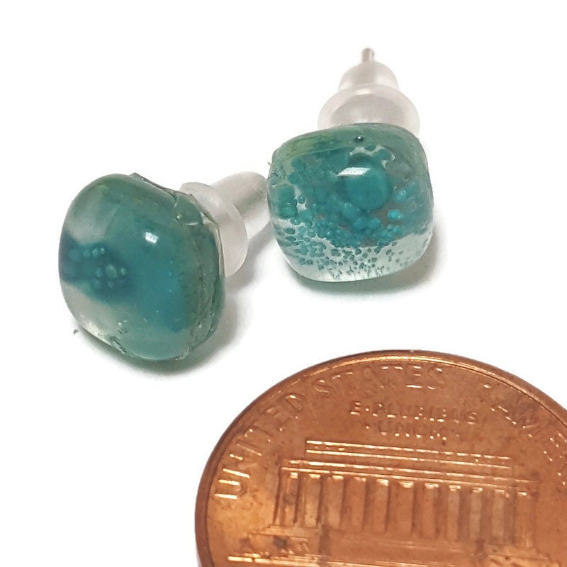 Square post Earrings. Dark transparent teal color with small bubbles. Fused Glass Studs. Recycled Glass jewelry. Stud earrings