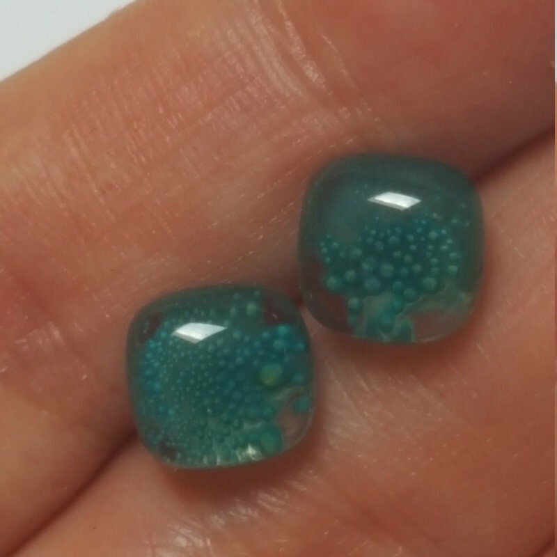 Square post Earrings. Dark transparent teal color with small bubbles. Fused Glass Studs. Recycled Glass jewelry. Stud earrings