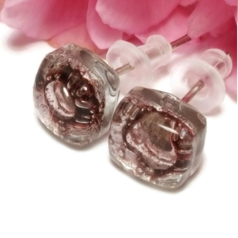 Small Post bubbly purple-brown Earrings. Fused Glass Studs. Recycled Glass jewelry. Stud earrings