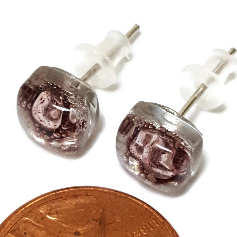 Small Post bubbly purple-brown Earrings. Fused Glass Studs. Recycled Glass jewelry. Stud earrings