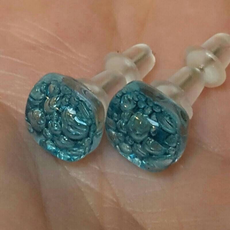 Small Post Turquoise Earrings. Fused Glass Studs. Recycled Glass jewelry. Stud earrings
