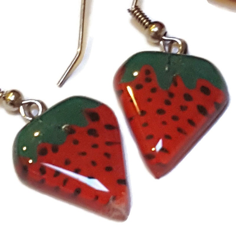 Strawberry shaped handmade recycled Fused glass beads, Small Drop earrings, Hand cut Dangle earrings. Fun glass jewelry