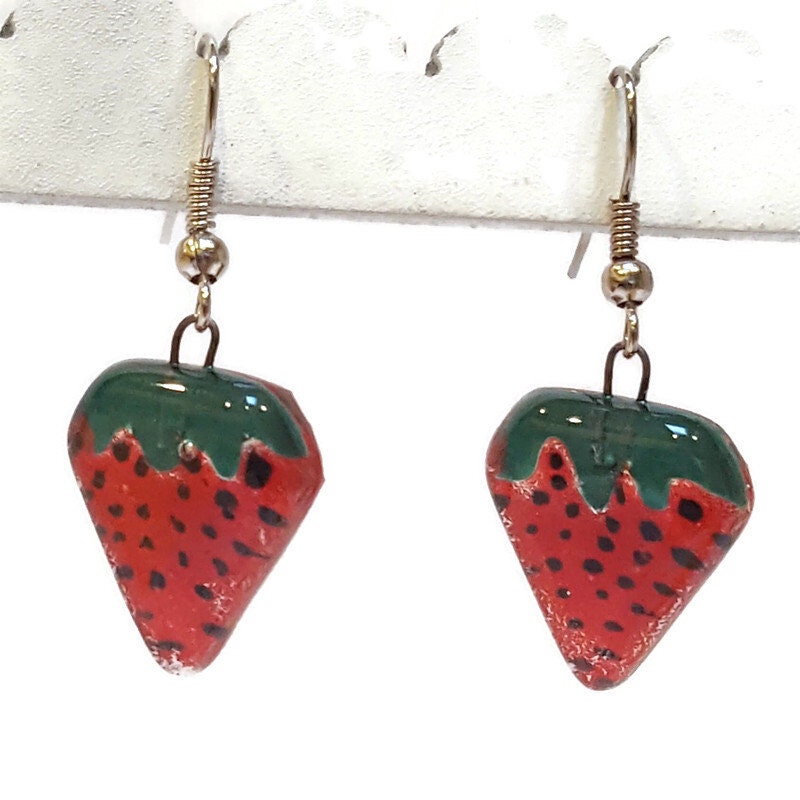 Strawberry shaped handmade recycled Fused glass beads, Small Drop earrings, Hand cut Dangle earrings. Fun glass jewelry