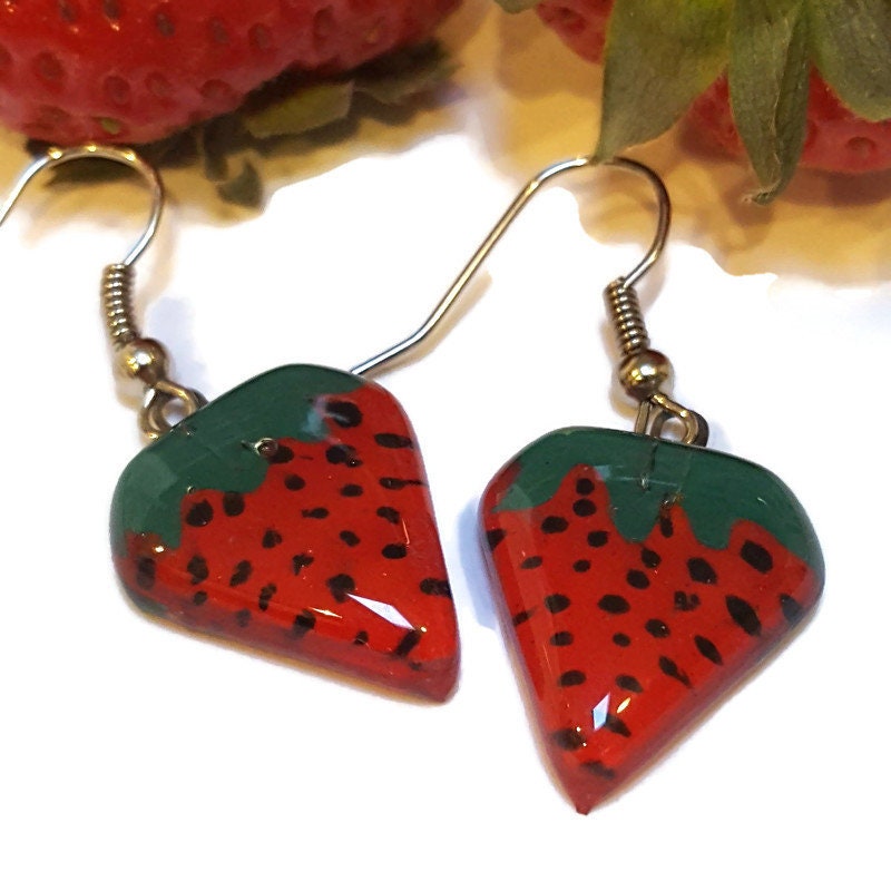 Strawberry shaped handmade recycled Fused glass beads, Small Drop earrings, Hand cut Dangle earrings. Fun glass jewelry