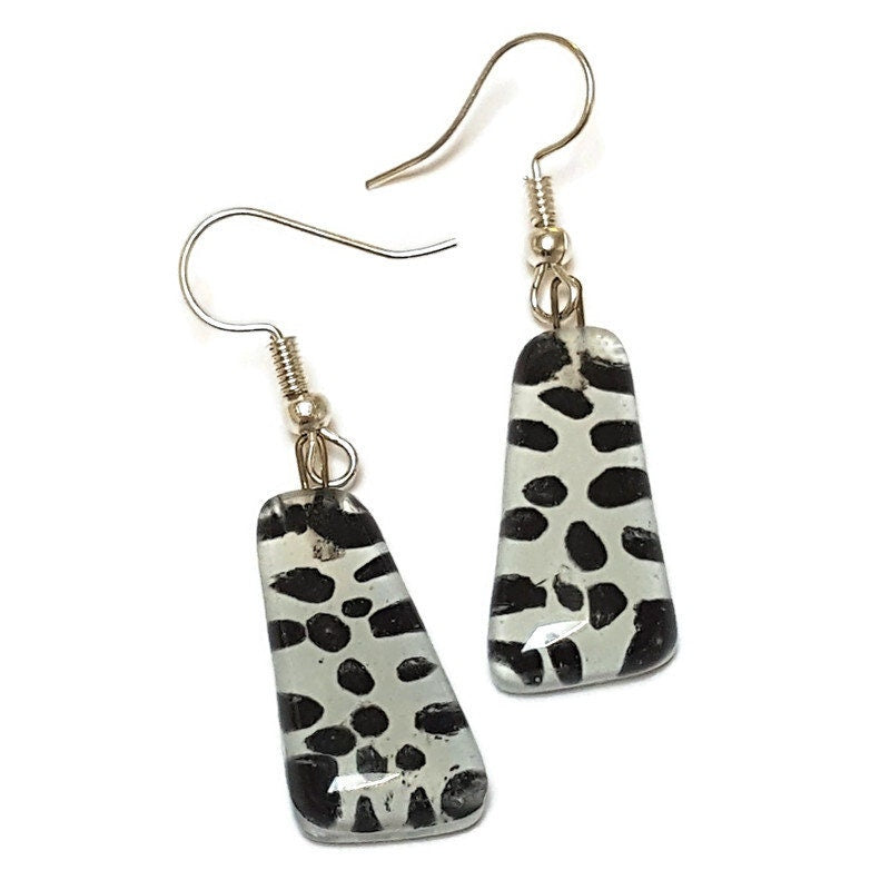 Black and White triangles. Recycled fused glass drop earrings. Dalmatian glass dangle earrings.