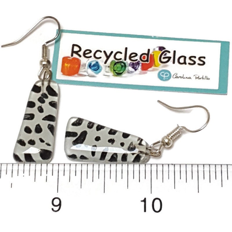Black and White triangles. Recycled fused glass drop earrings. Dalmatian glass dangle earrings.