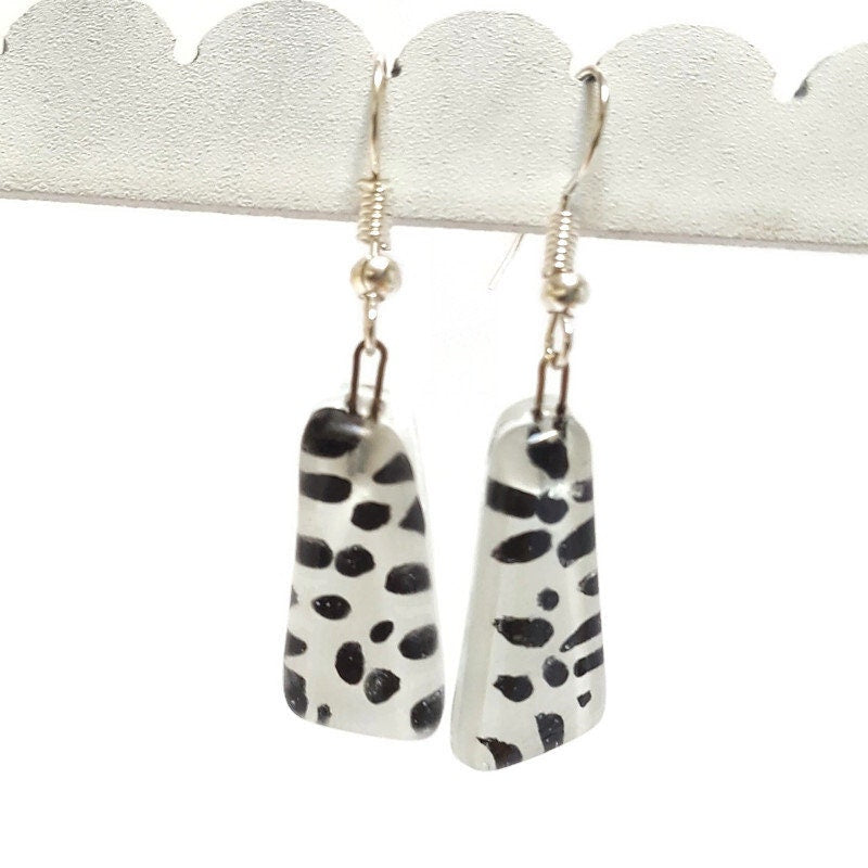 Black and White triangles. Recycled fused glass drop earrings. Dalmatian glass dangle earrings.