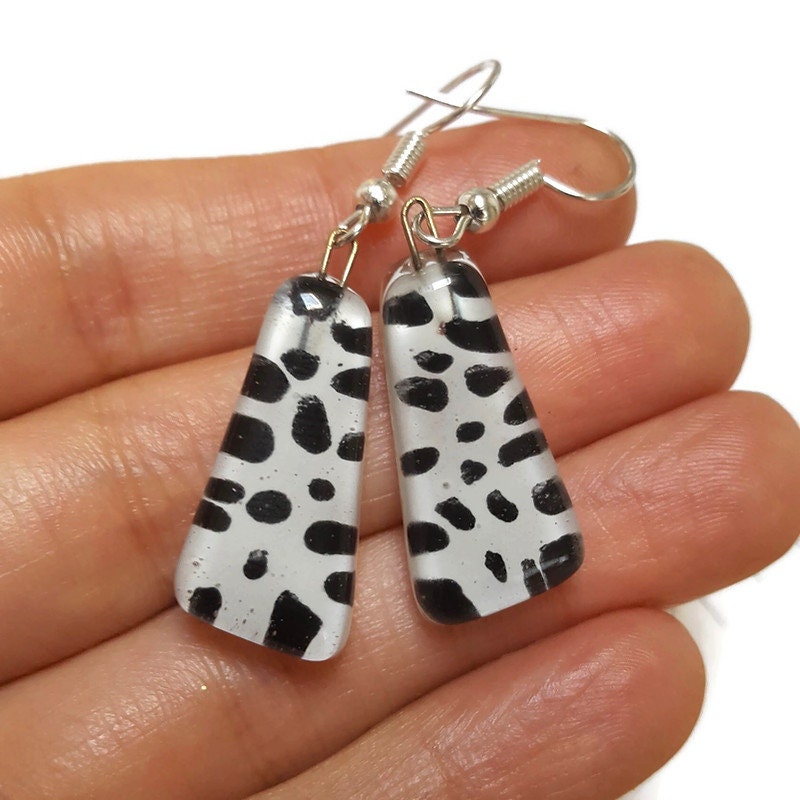 Black and White triangles. Recycled fused glass drop earrings. Dalmatian glass dangle earrings.