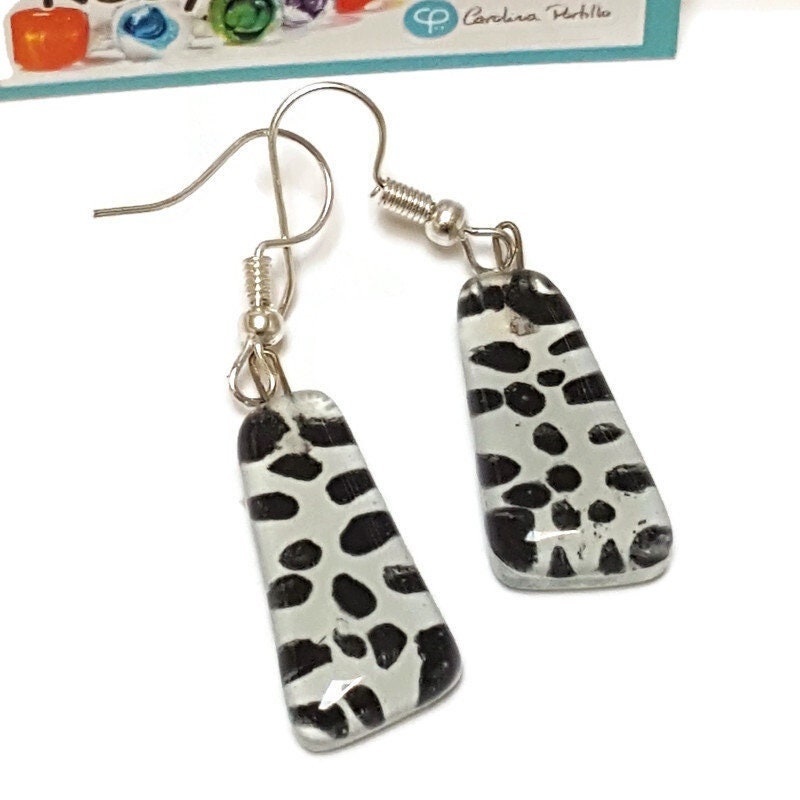 Black and White triangles. Recycled fused glass drop earrings. Dalmatian glass dangle earrings.