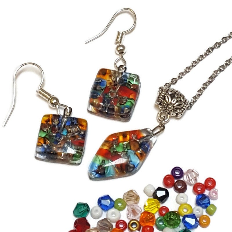 Set earrings and pendant. Repurposed Seed beads Moisaic Recycled Glass Handmade Necklace. Casual Gif for Women