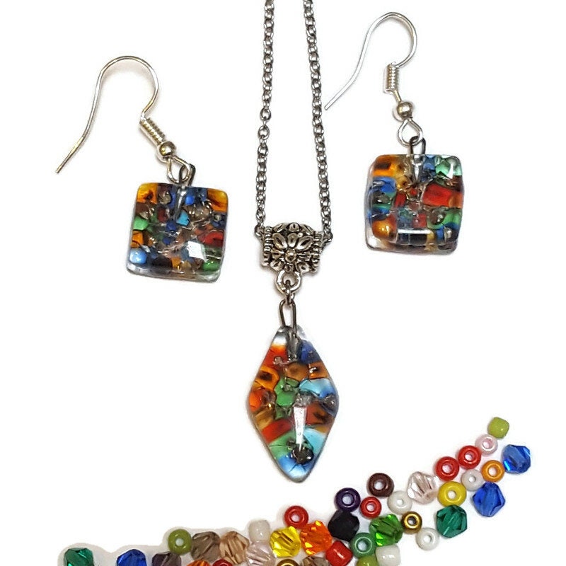 Set earrings and pendant. Repurposed Seed beads Moisaic Recycled Glass Handmade Necklace. Casual Gif for Women