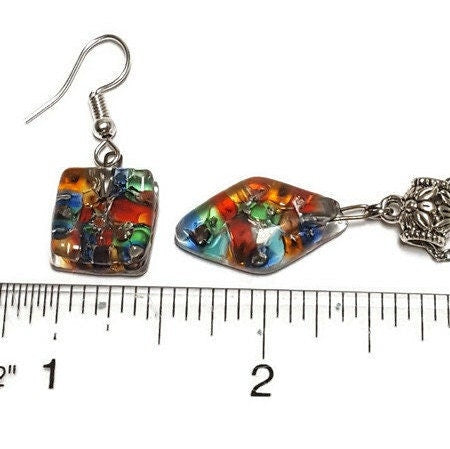 Set earrings and pendant. Repurposed Seed beads Moisaic Recycled Glass Handmade Necklace. Casual Gif for Women