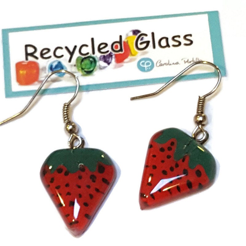 Strawberry shaped handmade recycled Fused glass beads, Small Drop earrings, Hand cut Dangle earrings. Fun glass jewelry