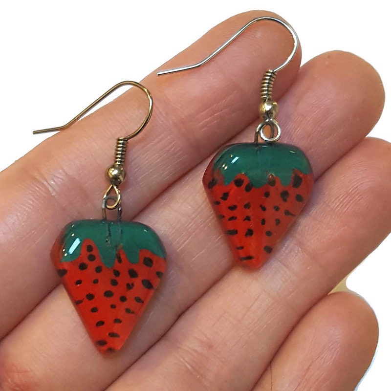 Strawberry shaped handmade recycled Fused glass beads, Small Drop earrings, Hand cut Dangle earrings. Fun glass jewelry