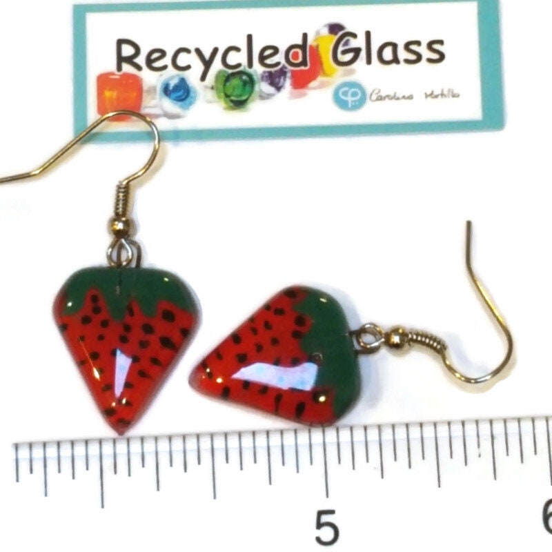 Strawberry shaped handmade recycled Fused glass beads, Small Drop earrings, Hand cut Dangle earrings. Fun glass jewelry