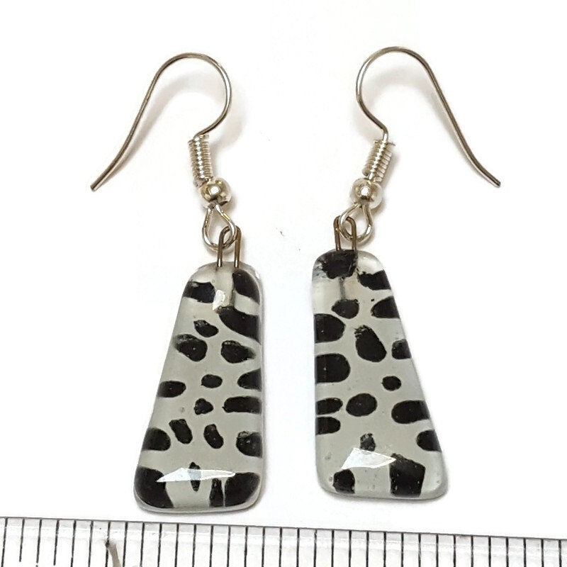 Black and White triangles. Recycled fused glass drop earrings. Dalmatian glass dangle earrings.