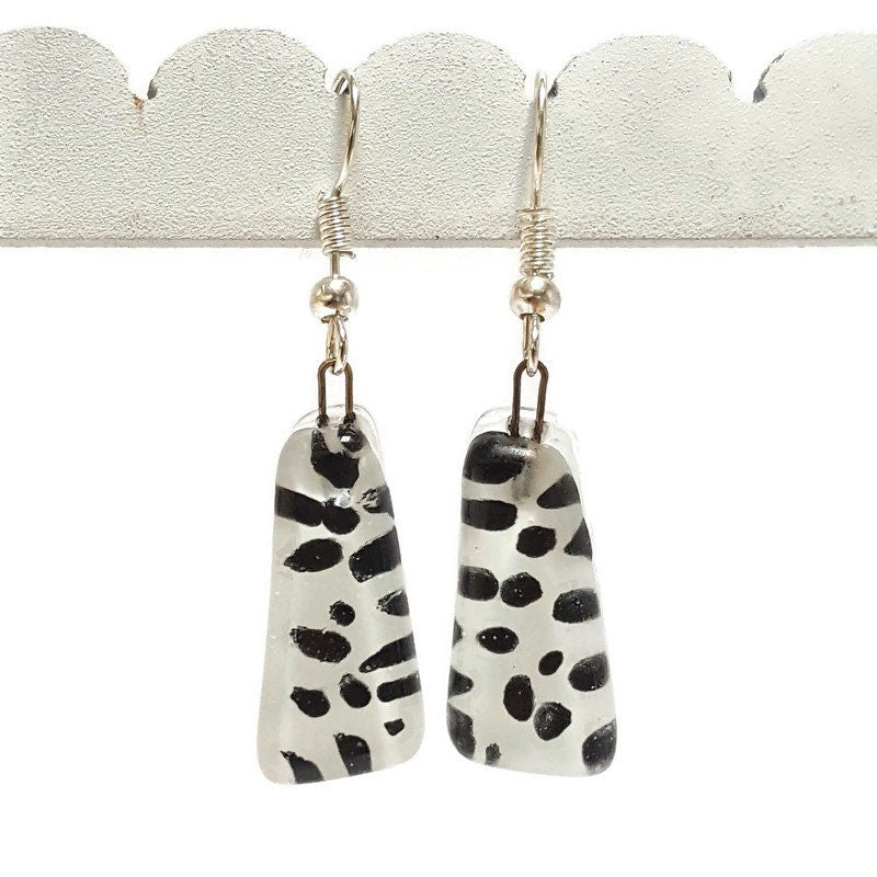 Black and White triangles. Recycled fused glass drop earrings. Dalmatian glass dangle earrings.