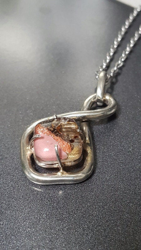 One of a kind Recycled Glass pink pendant . Handmade fused necklace. Dainty glass jewelry . Unique pieces