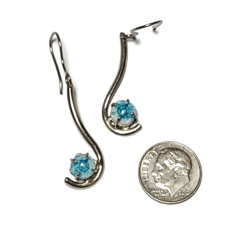 White and turquoise .One of a kind Recycled Glass Dangle earrings. Handmade fused glass dangle earrings. Dainty glass drop. Unique pieces