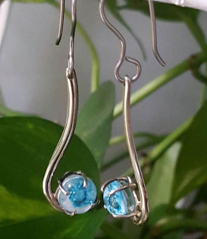 White and turquoise .One of a kind Recycled Glass Dangle earrings. Handmade fused glass dangle earrings. Dainty glass drop. Unique pieces