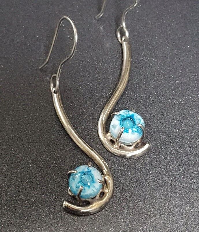 White and turquoise .One of a kind Recycled Glass Dangle earrings. Handmade fused glass dangle earrings. Dainty glass drop. Unique pieces