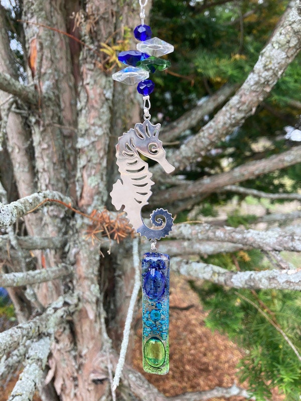 Seahorse hanging decoration. Hand made fused glass ornament. Colorful home decor. Beach