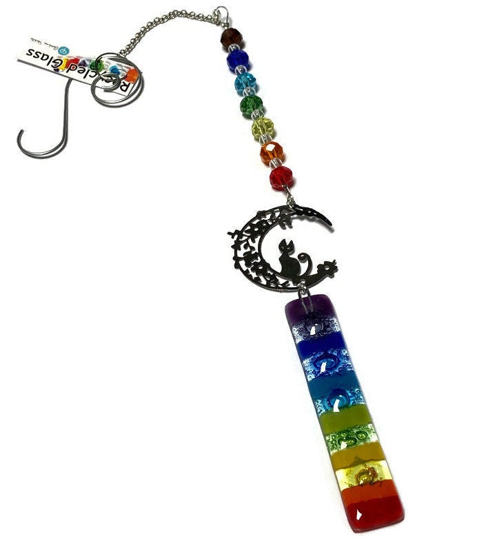 Rainbow Cat hanging decoration. Hand made fused glass ornament. Colorful home decor.