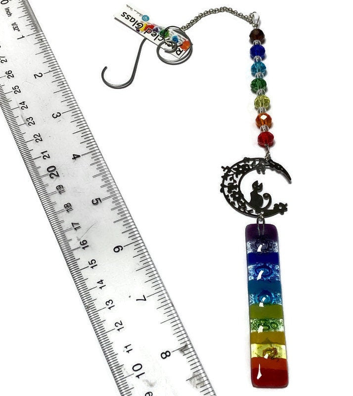 Rainbow Cat hanging decoration. Hand made fused glass ornament. Colorful home decor.
