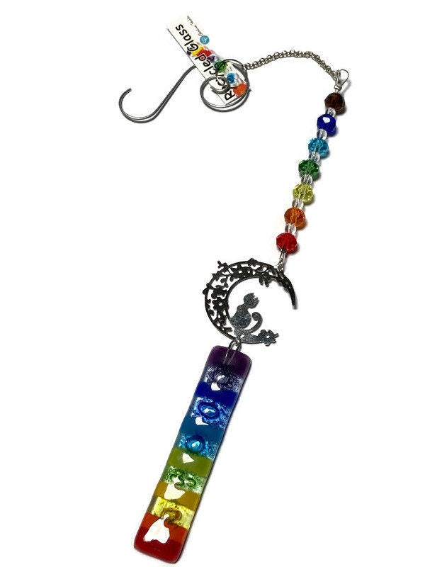 Rainbow Cat hanging decoration. Hand made fused glass ornament. Colorful home decor.