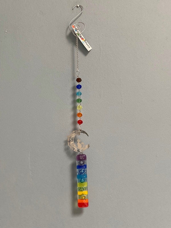 Rainbow Cat hanging decoration. Hand made fused glass ornament. Colorful home decor.