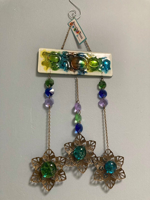 Picture of Hand painted Recycled Glass hanging decoration. Handmade fused glass o ...