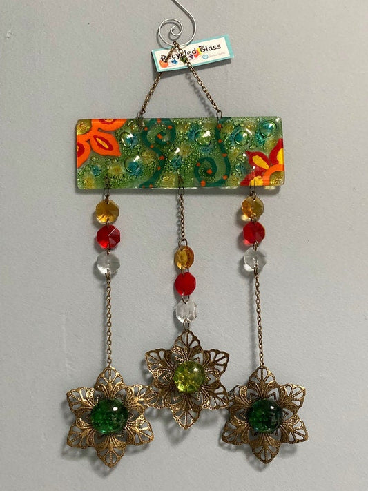 Green Hand painted Recycled Glass hanging decoration. Handmade fused glass ornament. Colorful home decor.