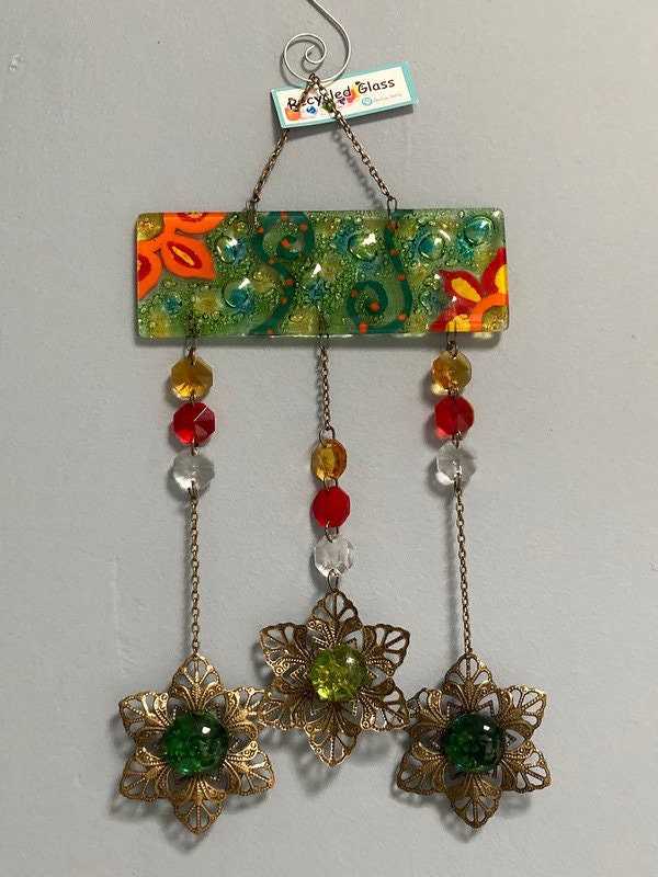 Green Hand painted Recycled Glass hanging decoration. Handmade fused g ...