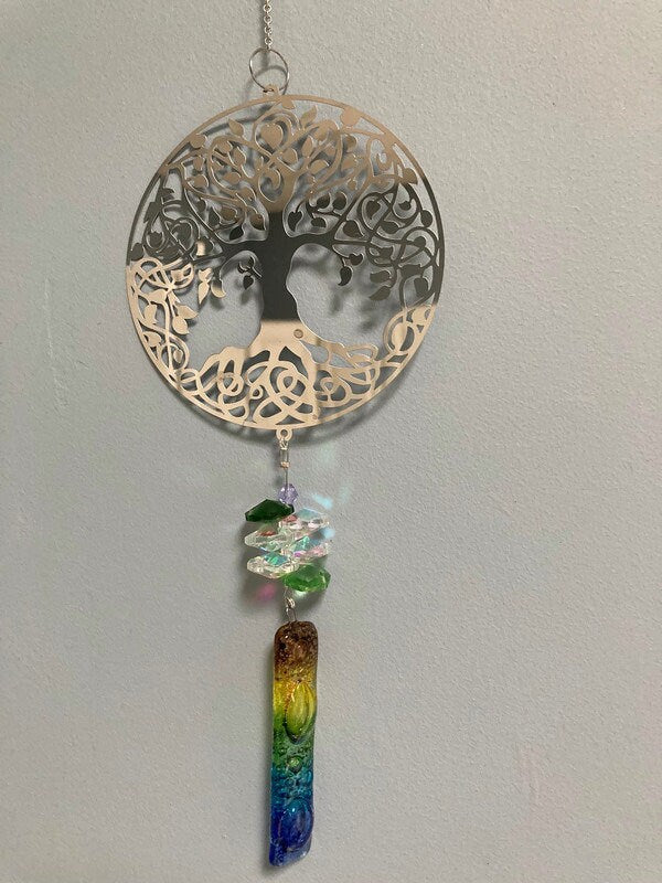 Tree of Life hanging decoration. Handmade fused glass ornament. Colorful home decor.