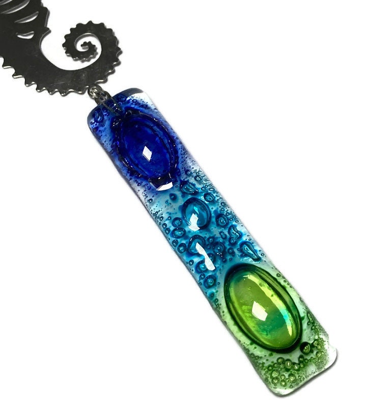Seahorse hanging decoration. Hand made fused glass ornament. Colorful home decor. Beach